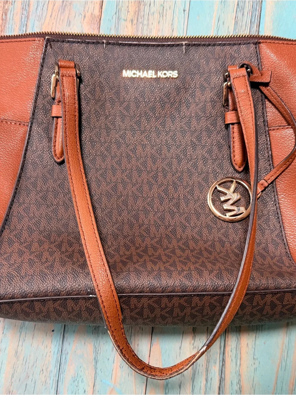 Michael Kors Brown & Caramel Logo Shoulder Tote